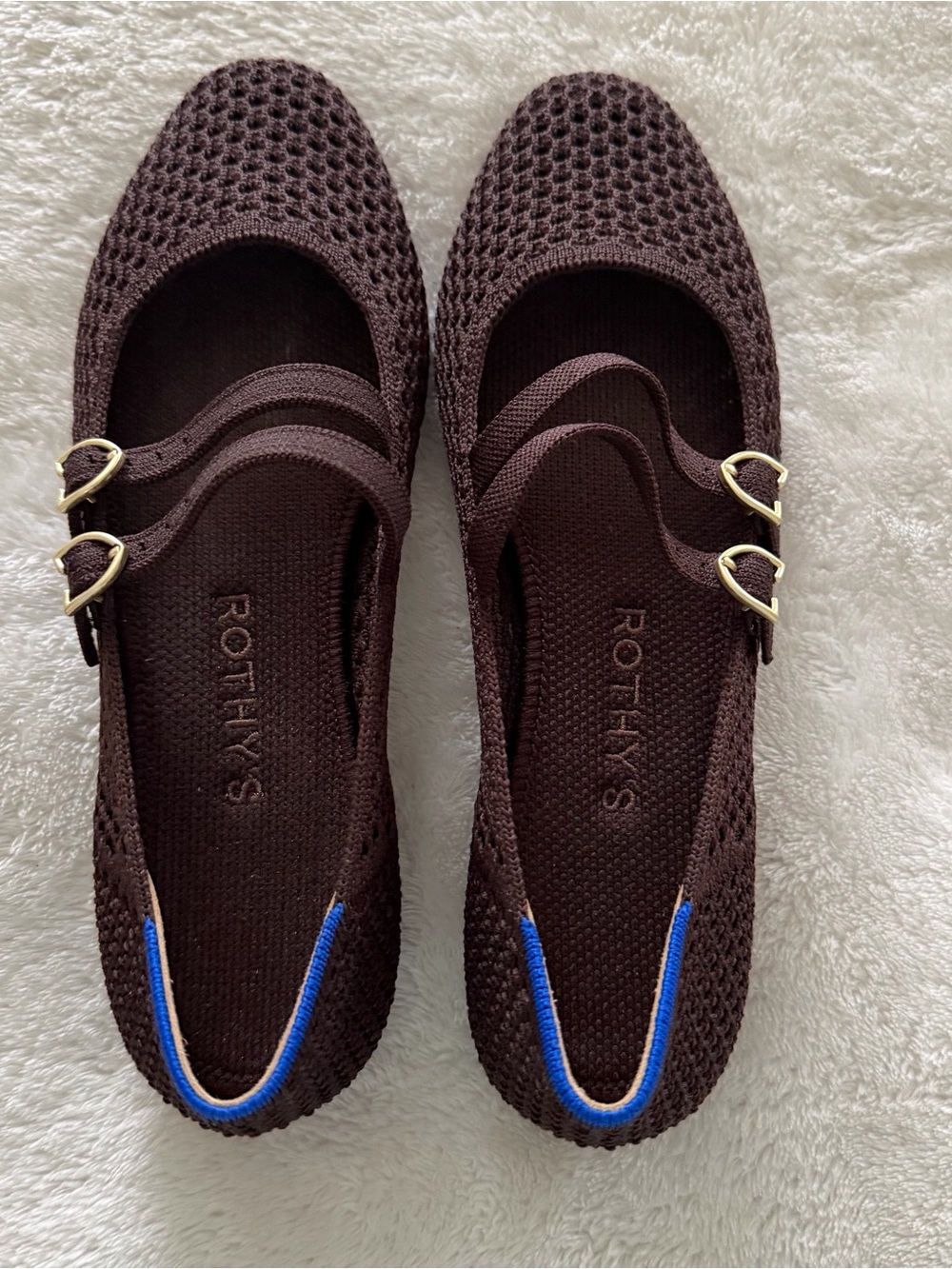 Rothy’s Chocolate Mesh Double Gold Strap Mary Jane Flats size 6 women’s - Picture 7 of 11